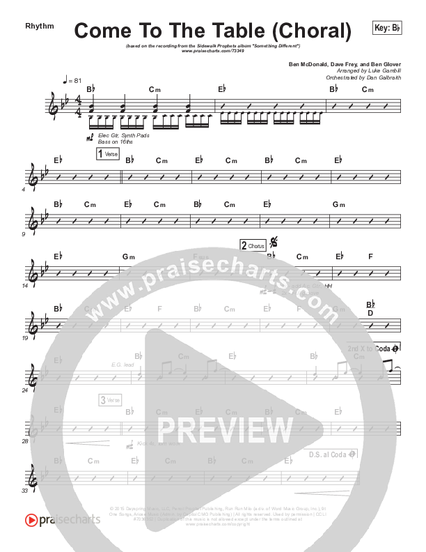 Come To The Table (Choral Anthem SATB) Rhythm Chart (Sidewalk Prophets / Arr. Luke Gambill)