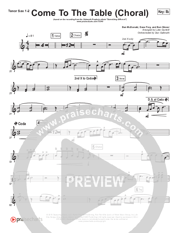 Come To The Table (Choral Anthem SATB) Tenor Sax 1/2 (Sidewalk Prophets / Arr. Luke Gambill)
