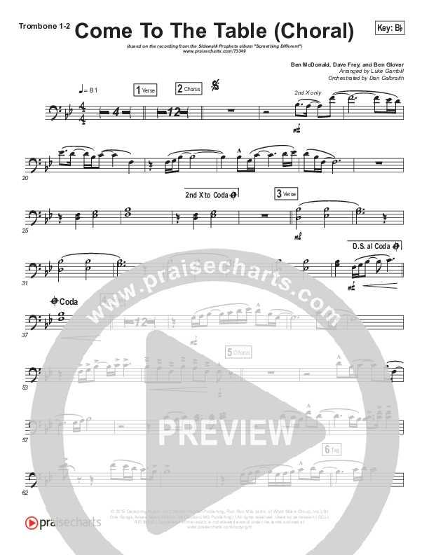 Come To The Table (Choral Anthem SATB) Trombone 1/2 (Sidewalk Prophets / Arr. Luke Gambill)
