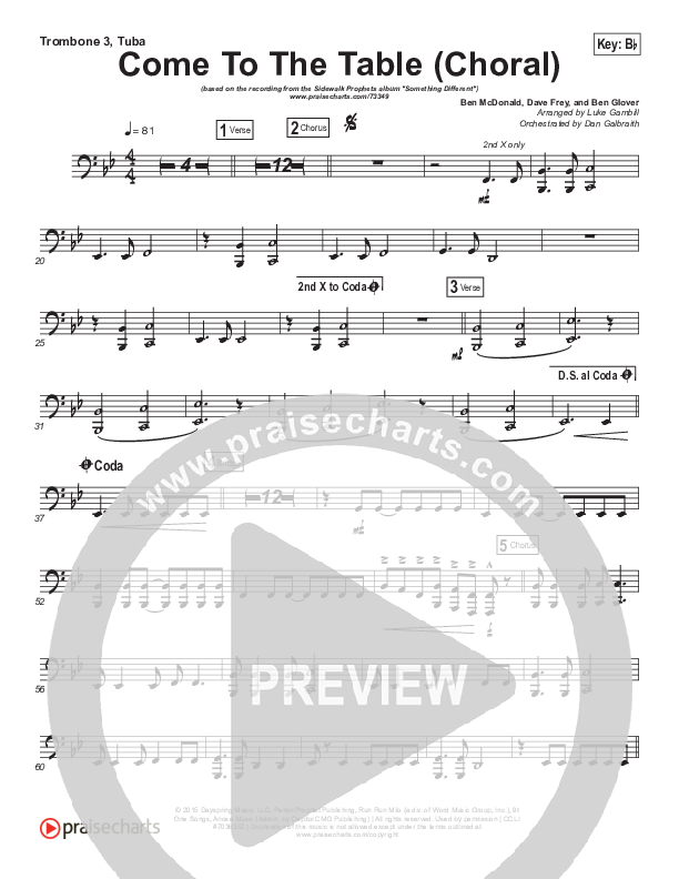 Come To The Table (Choral Anthem SATB) Trombone 3/Tuba (Sidewalk Prophets / Arr. Luke Gambill)