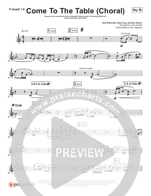 Come To The Table (Choral Anthem SATB) Trumpet 1,2 (Sidewalk Prophets / Arr. Luke Gambill)