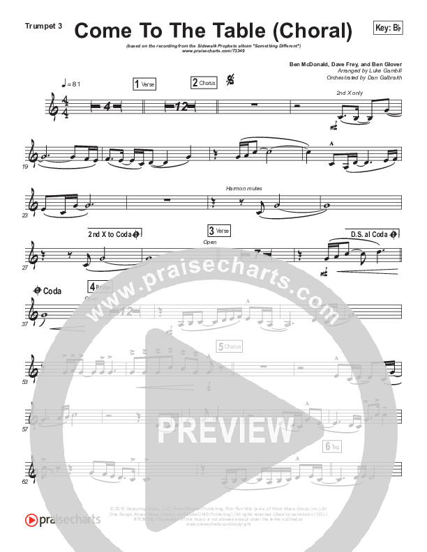 Come To The Table (Choral Anthem SATB) Trumpet 3 (Sidewalk Prophets / Arr. Luke Gambill)