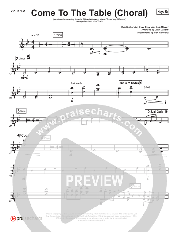 Come To The Table (Choral Anthem SATB) Violin 1/2 (Sidewalk Prophets / Arr. Luke Gambill)