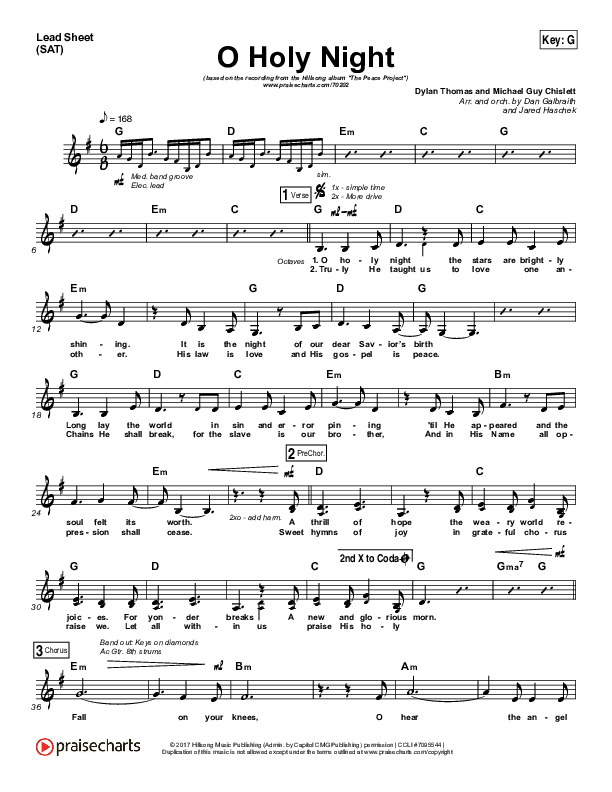 O Holy Night (Choral Anthem SATB) Lead Sheet (SAT) (Hillsong Worship / Arr. Luke Gambill)