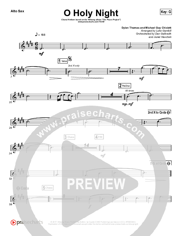 O Holy Night (Choral Anthem SATB) Alto Sax (Hillsong Worship / Arr. Luke Gambill)