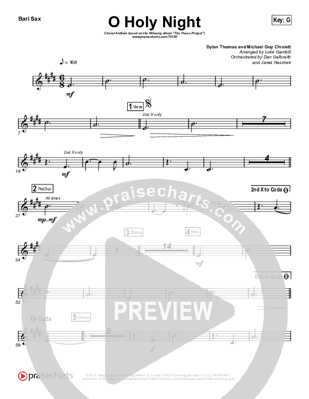 O Holy Night (Choral Anthem SATB) Bari Sax (Hillsong Worship / Arr. Luke Gambill)