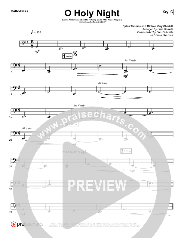 O Holy Night (Choral Anthem SATB) Cello/Bass (Hillsong Worship / Arr. Luke Gambill)