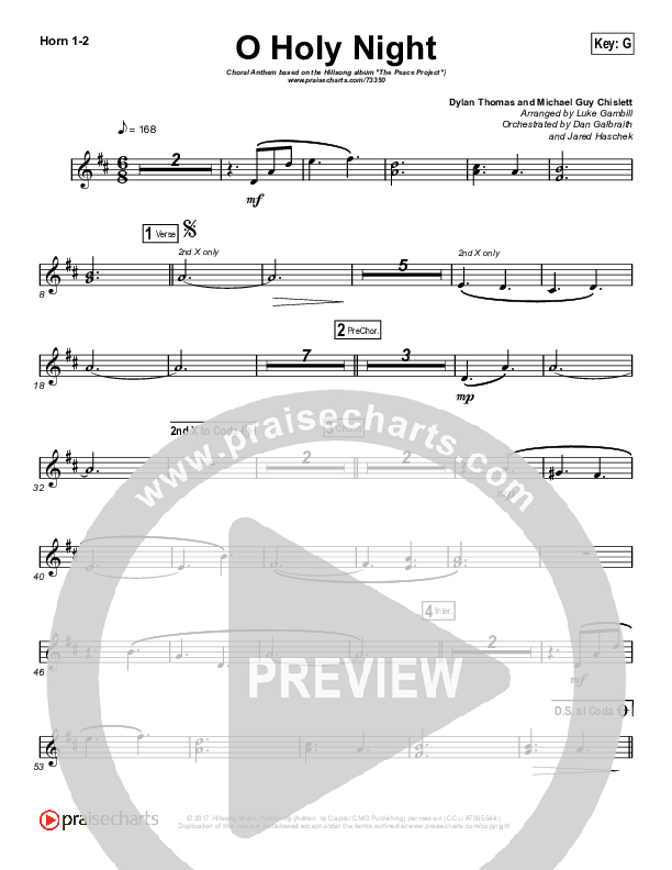 O Holy Night (Choral Anthem SATB) French Horn 1/2 (Hillsong Worship / Arr. Luke Gambill)