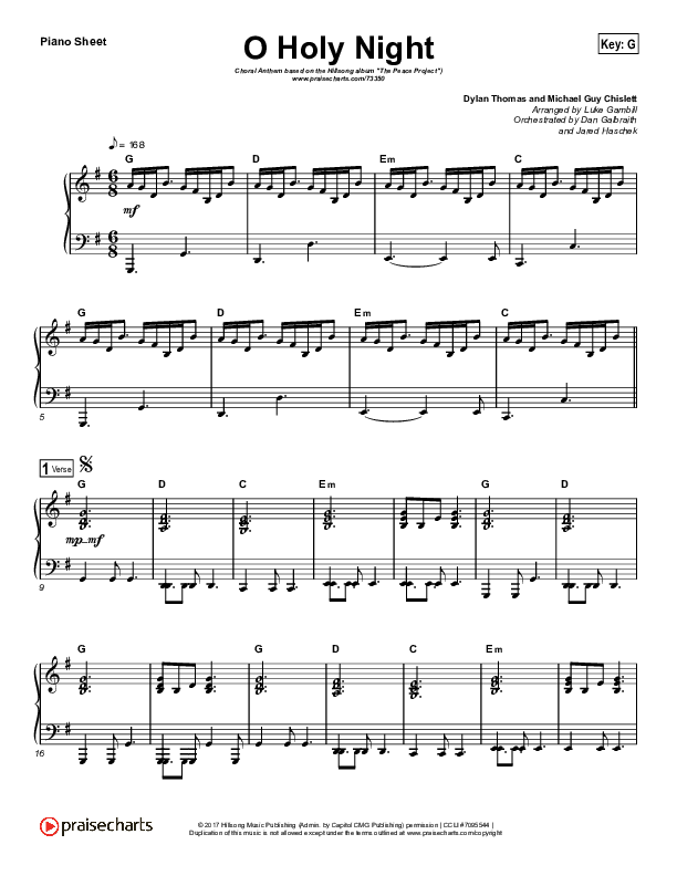 O Holy Night (Choral Anthem SATB) Piano Sheet (Hillsong Worship / Arr. Luke Gambill)