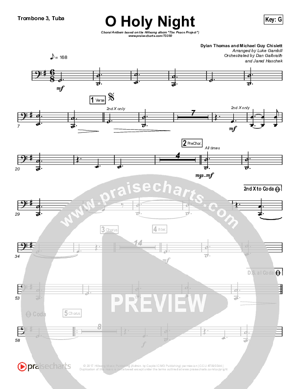 O Holy Night (Choral Anthem SATB) Trombone 3/Tuba (Hillsong Worship / Arr. Luke Gambill)