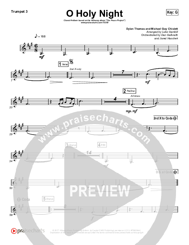 O Holy Night (Choral Anthem SATB) Trumpet 3 (Hillsong Worship / Arr. Luke Gambill)