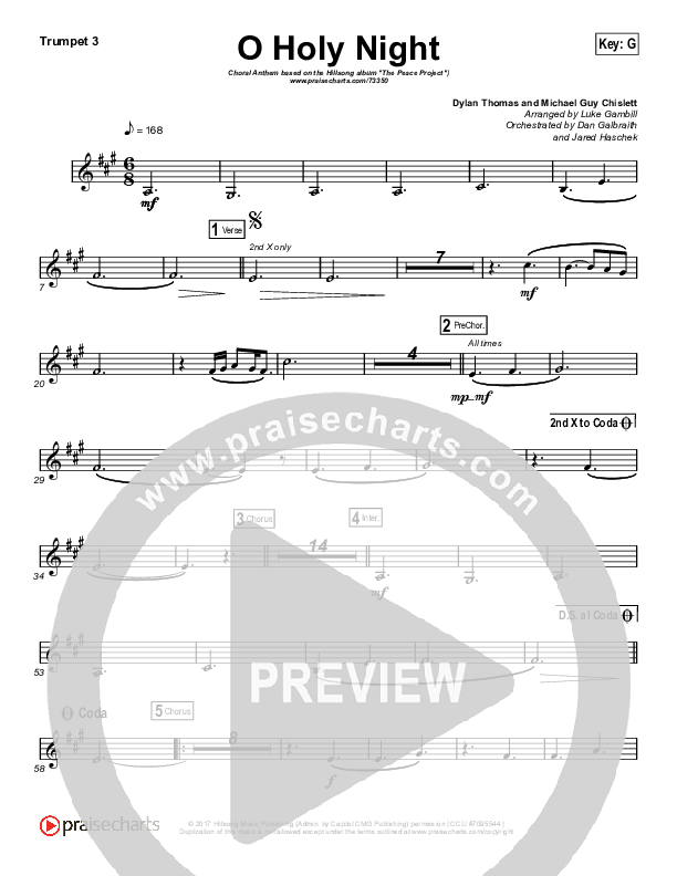 O Holy Night (Choral Anthem SATB) Trumpet 3 (Hillsong Worship / Arr. Luke Gambill)