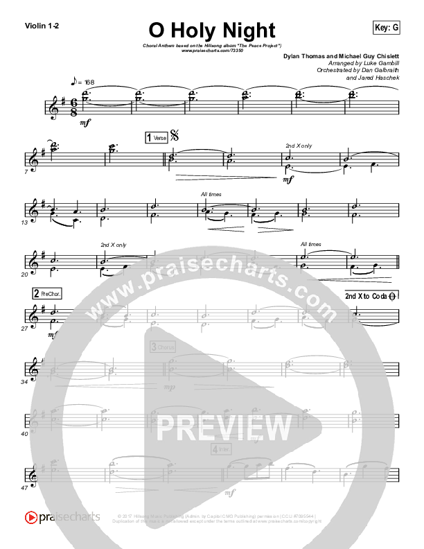 O Holy Night (Choral Anthem SATB) Violin 1/2 (Hillsong Worship / Arr. Luke Gambill)