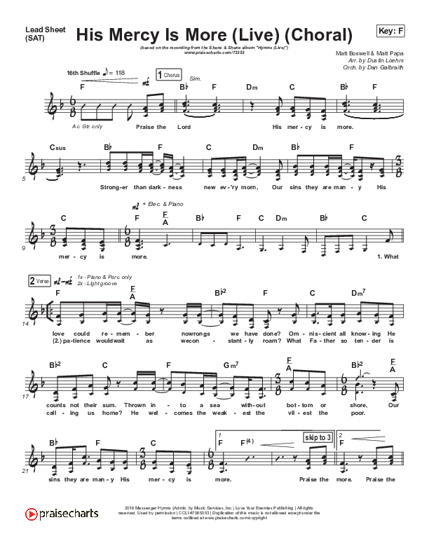 His Mercy Is More (Choral Anthem SATB) Lead Sheet (SAT) (Shane & Shane/The Worship Initiative / Arr. Luke Gambill)