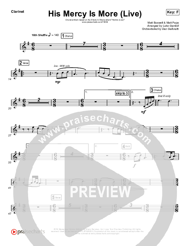 His Mercy Is More (Choral Anthem SATB) Clarinet 1,2 (Shane & Shane/The Worship Initiative / Arr. Luke Gambill)