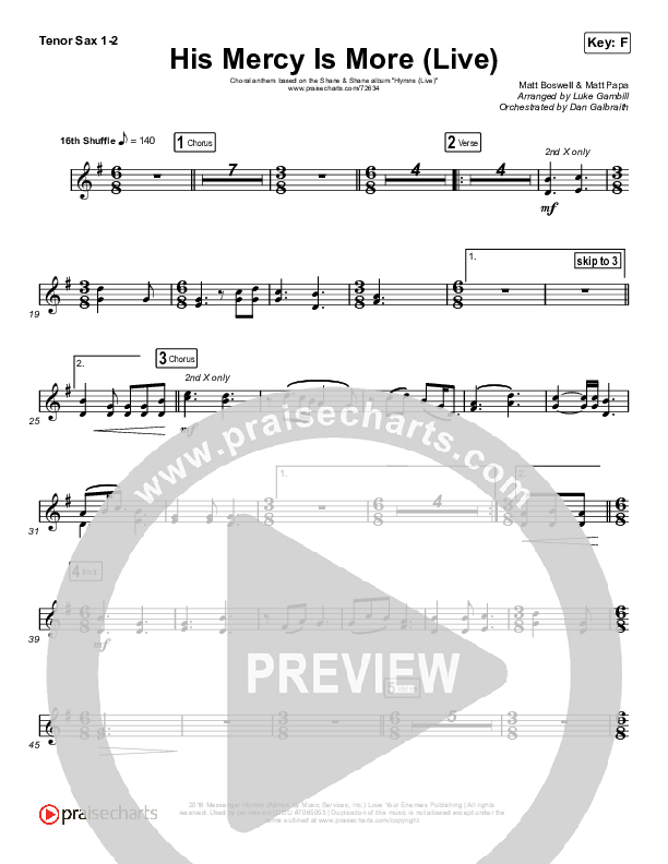 His Mercy Is More (Choral Anthem SATB) Tenor Sax 1,2 (Shane & Shane/The Worship Initiative / Arr. Luke Gambill)