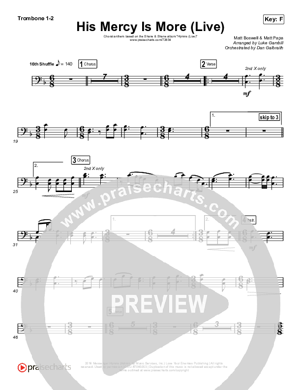 His Mercy Is More (Choral Anthem SATB) Trombone 1,2 (Shane & Shane/The Worship Initiative / Arr. Luke Gambill)