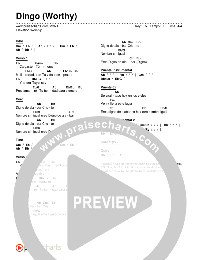 Digno (Worthy) Chord Chart (Elevation Worship)