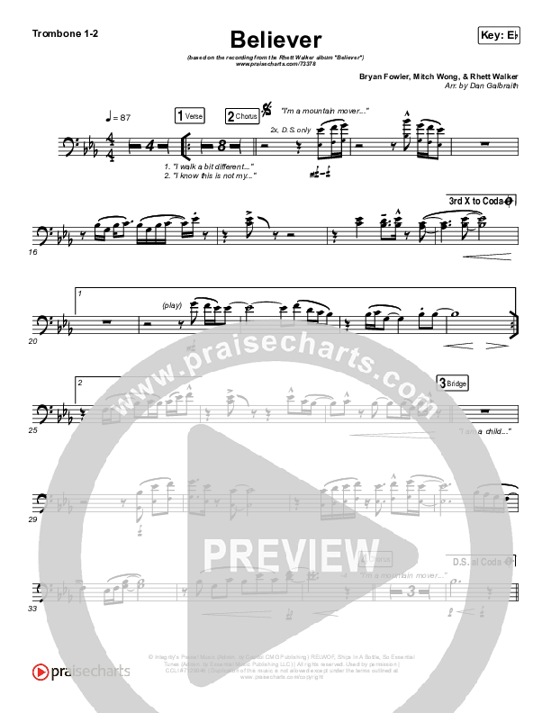Believer Trombone Sheet Music PDF (Rhett Walker Band) PraiseCharts