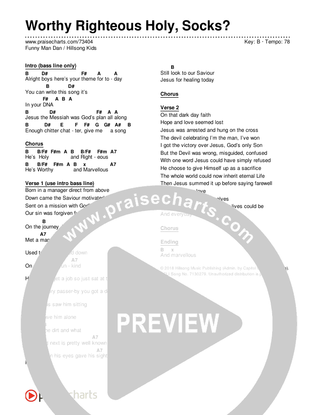 Worthy Righteous Holy Socks Chords & Lyrics (Hillsong Kids / Funny Man Dan)
