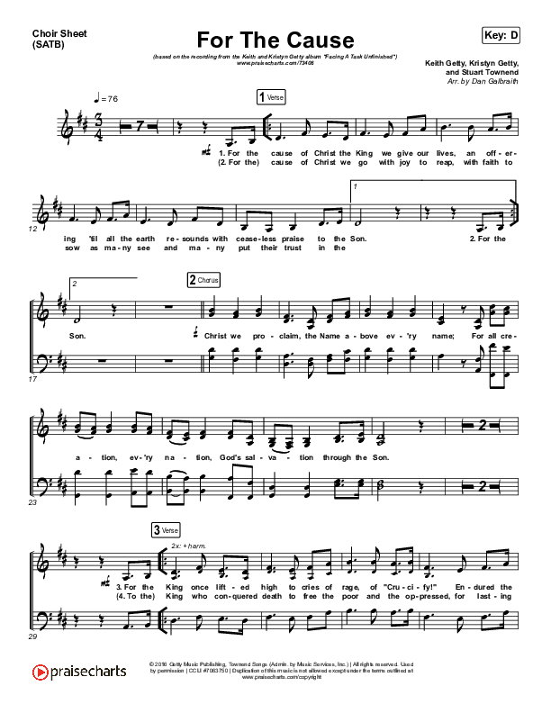 For The Cause Choir Sheet (SATB) (Keith & Kristyn Getty)