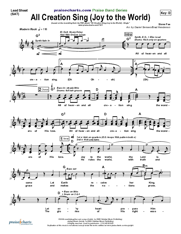 All Creation Sing (Joy To The World) Lead Sheet (FEE Band)