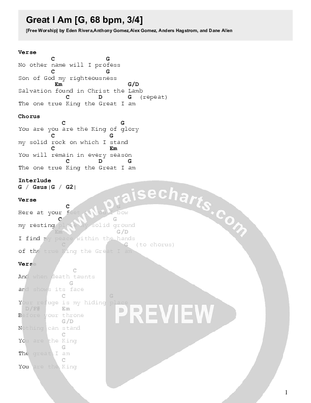 Great I Am Chord Chart (Free Worship)