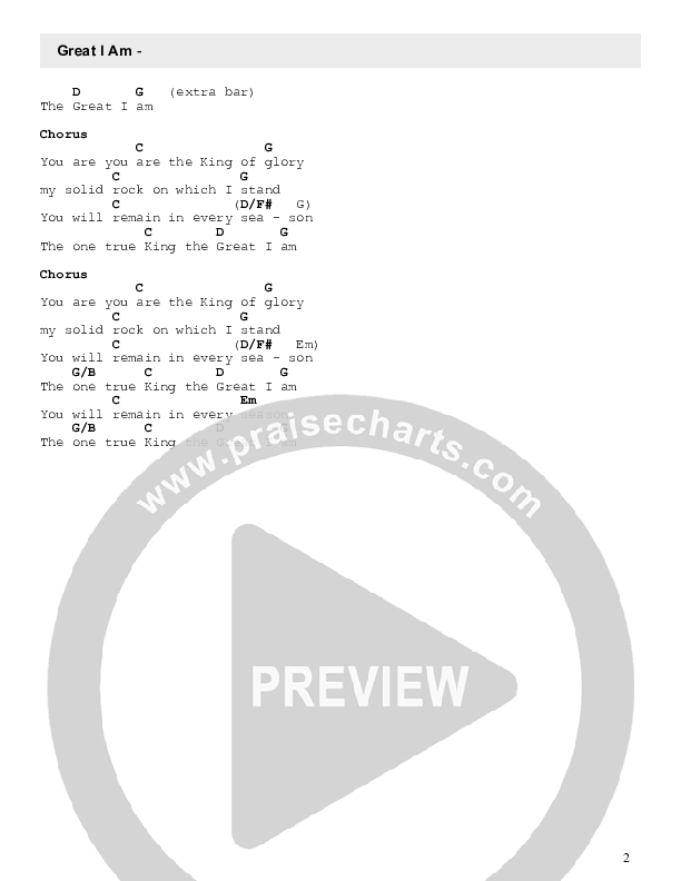 Great I Am Chord Chart (Free Worship)