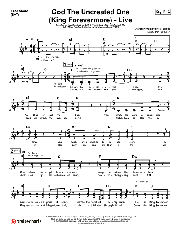 God The Uncreated One (King Forevermore) (Live) Lead Sheet (SAT) (Keith & Kristyn Getty / Tommy Bailey)