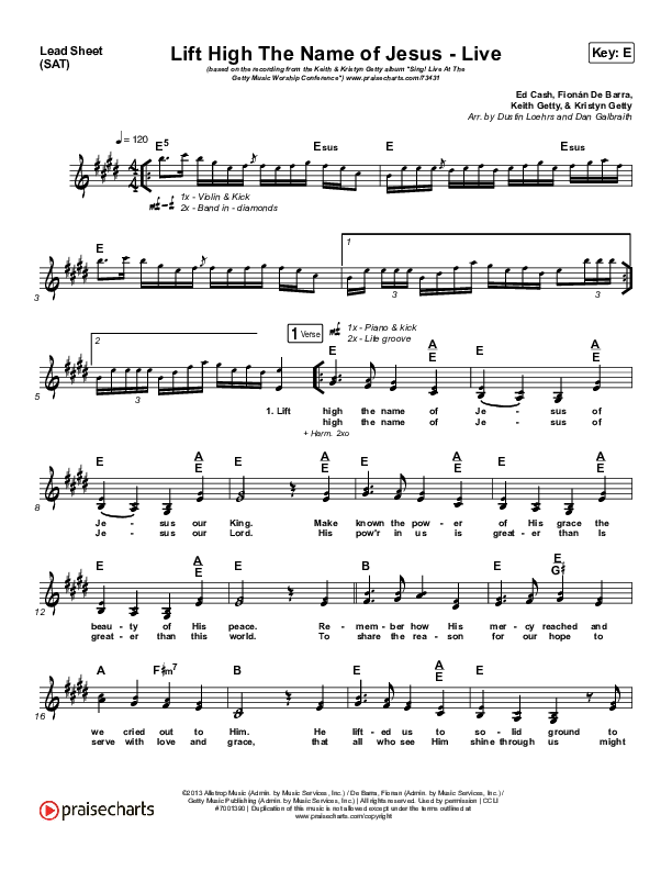 Lift High The Name Of Jesus (Live) Lead Sheet (SAT) (Keith & Kristyn Getty)