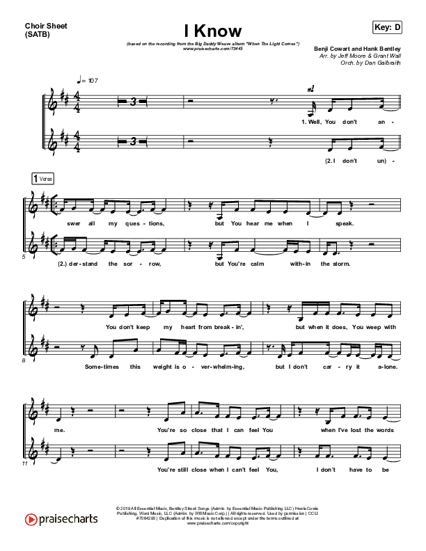 I Know Choir Sheet (SATB) (Big Daddy Weave)