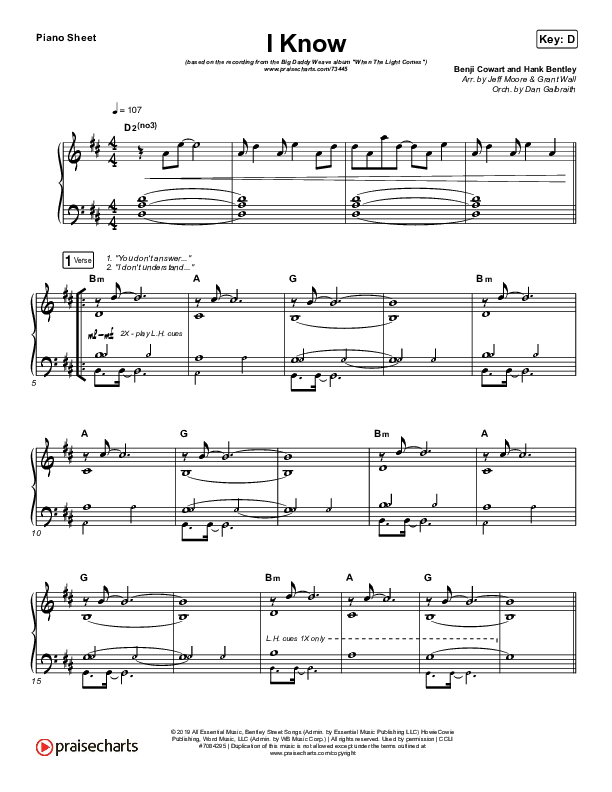I Know Piano Sheet (Big Daddy Weave)