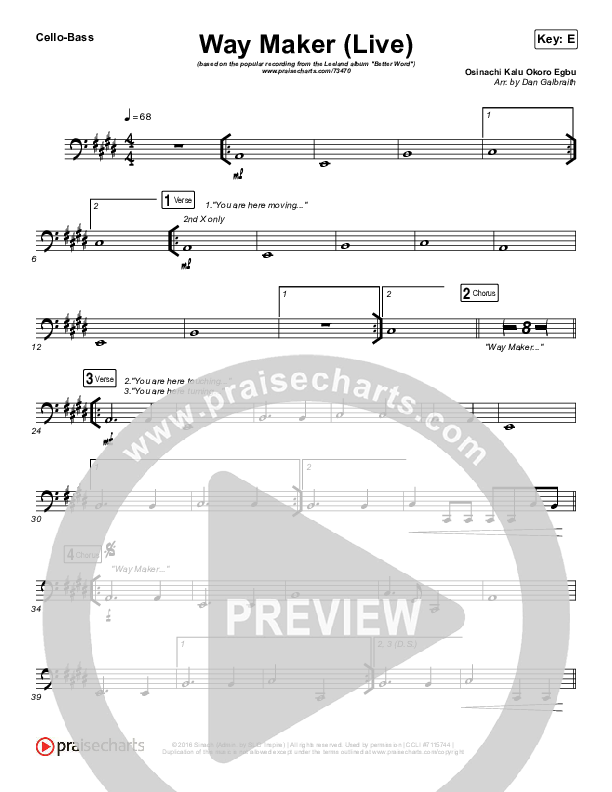 Way Maker (Live) Cello/Bass (Leeland)