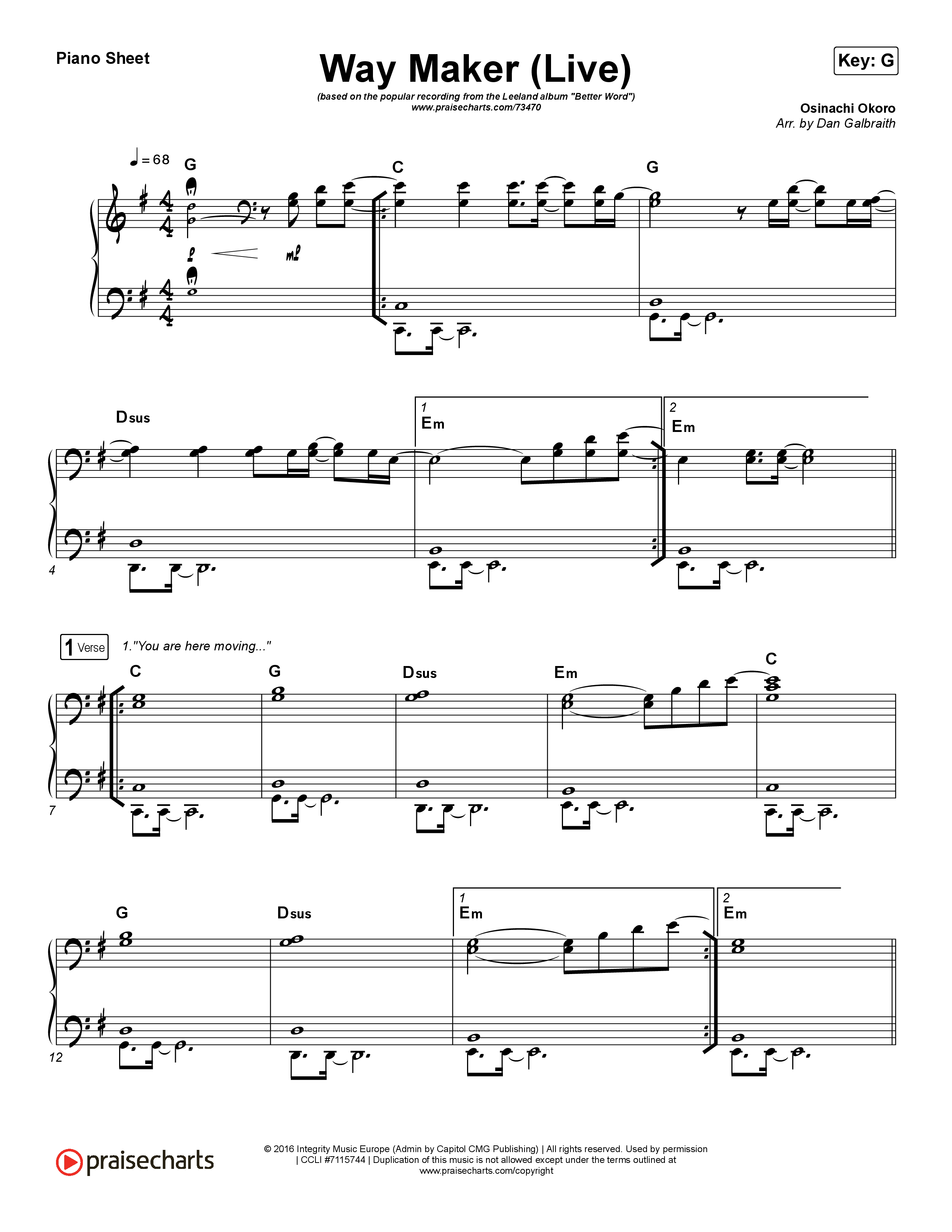 Way Maker (Live) Piano Sheet (Leeland)