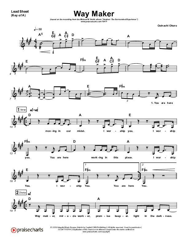 Way Maker (Live) Lead Sheet (Melody) (Michael W. Smith)