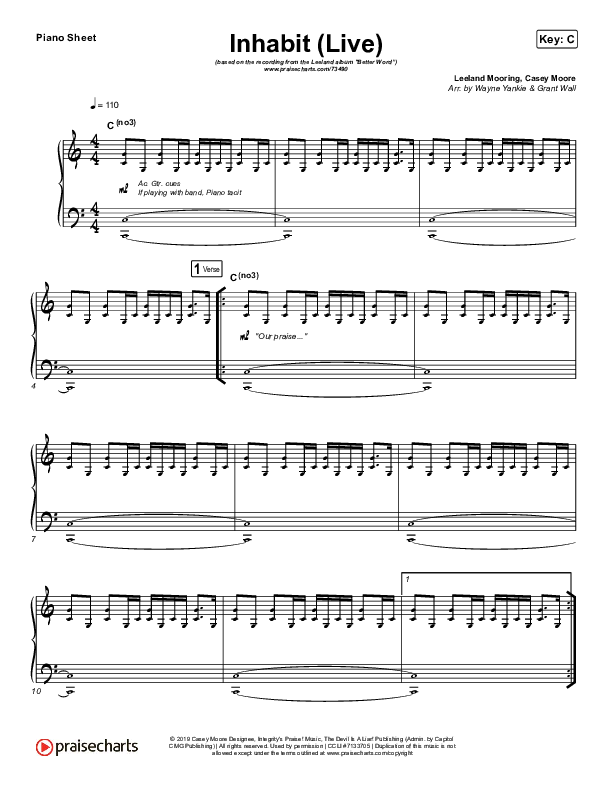 Inhabit (Live) Piano Sheet (Leeland)