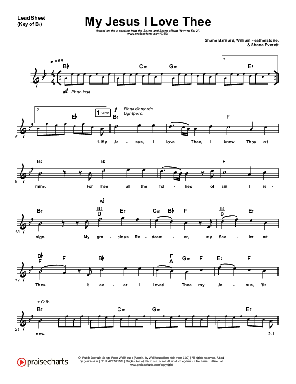 My Jesus I Love Thee Lead Sheet (Melody) (Shane & Shane/The Worship Initiative)