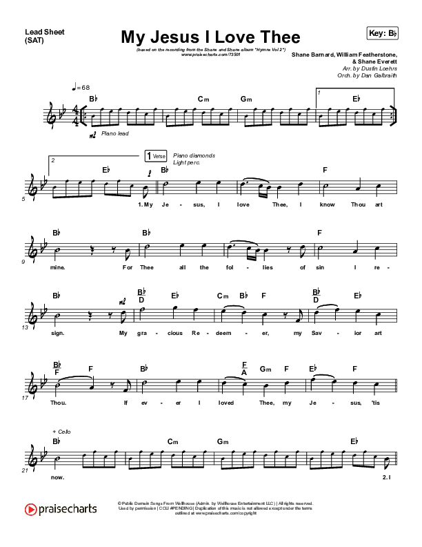 My Jesus I Love Thee Lead Sheet (SAT) (Shane & Shane/The Worship Initiative)