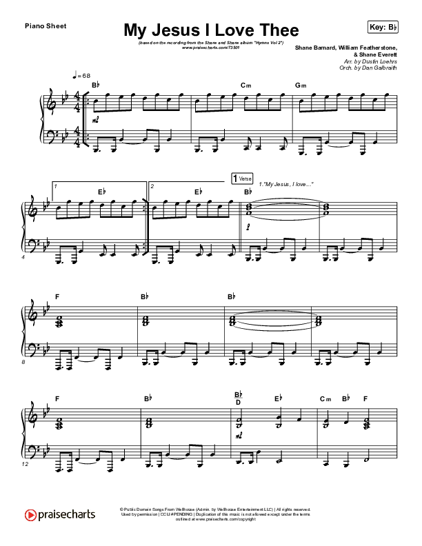 My Jesus I Love Thee Piano Sheet (Shane & Shane/The Worship Initiative)