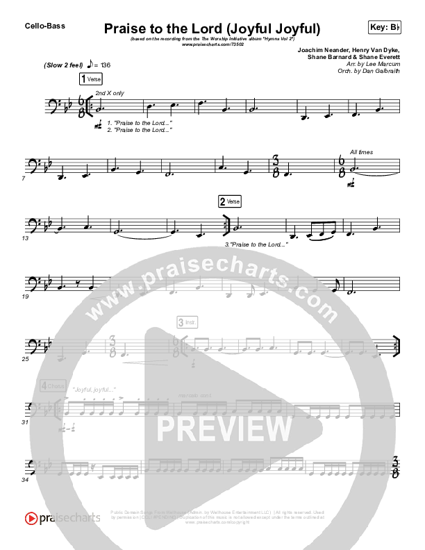 Praise To The Lord (Joyful Joyful) Cello/Bass (Shane & Shane / The Worship Initiative)