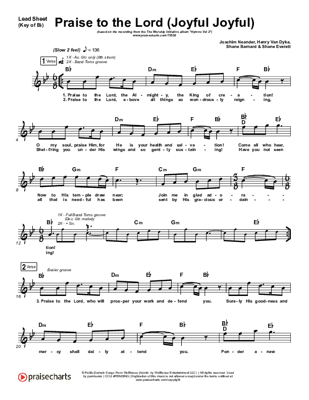 Praise To The Lord (Joyful Joyful) Lead Sheet (Melody) (Shane & Shane / The Worship Initiative)