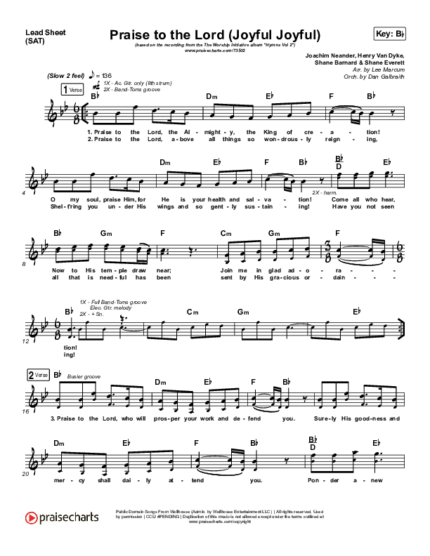 Praise To The Lord (Joyful Joyful) Lead Sheet (SAT) (Shane & Shane / The Worship Initiative)
