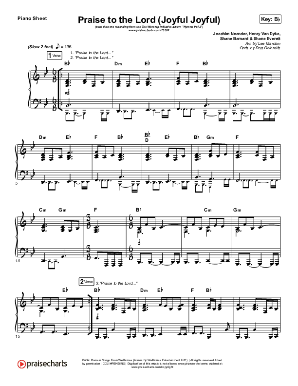 Praise To The Lord (Joyful Joyful) Piano Sheet (Shane & Shane / The Worship Initiative)