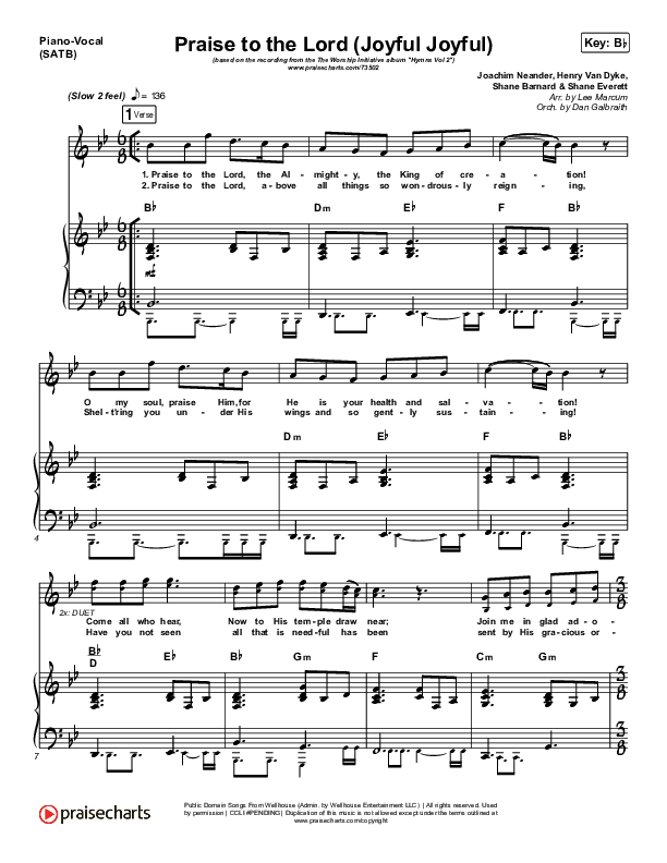 Praise To The Lord (Joyful Joyful) Piano/Vocal (SATB) (Shane & Shane / The Worship Initiative)