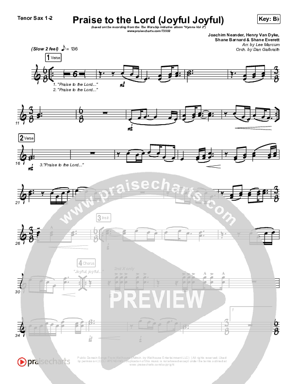 Praise To The Lord (Joyful Joyful) Tenor Sax 1/2 (Shane & Shane / The Worship Initiative)