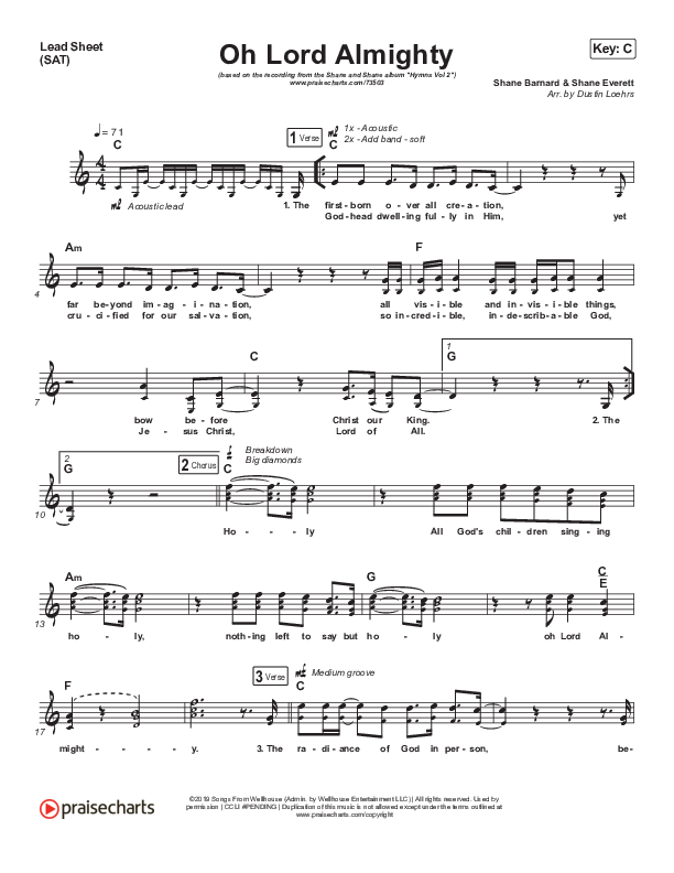 Oh Lord Almighty Lead Sheet (SAT) (Shane & Shane / The Worship Initiative)