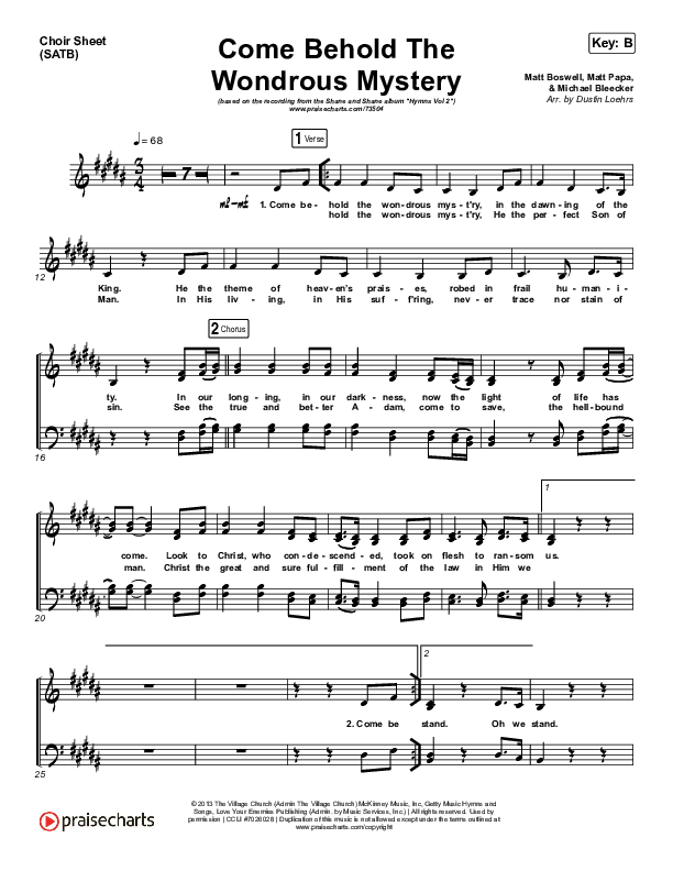 Come Behold The Wondrous Mystery Choir Sheet (SATB) (Shane & Shane / The Worship Initiative)