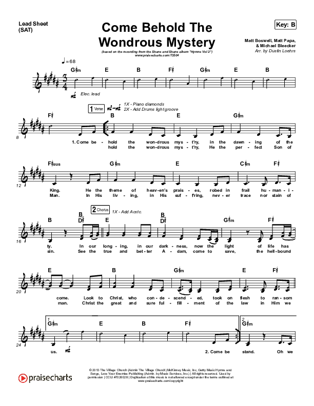 Come Behold The Wondrous Mystery Lead Sheet (SAT) (Shane & Shane / The Worship Initiative)