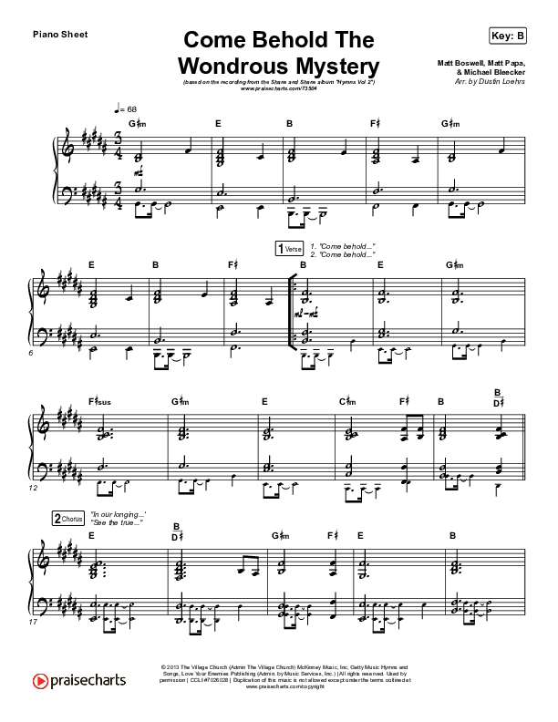 Come Behold The Wondrous Mystery Piano Sheet (Shane & Shane / The Worship Initiative)