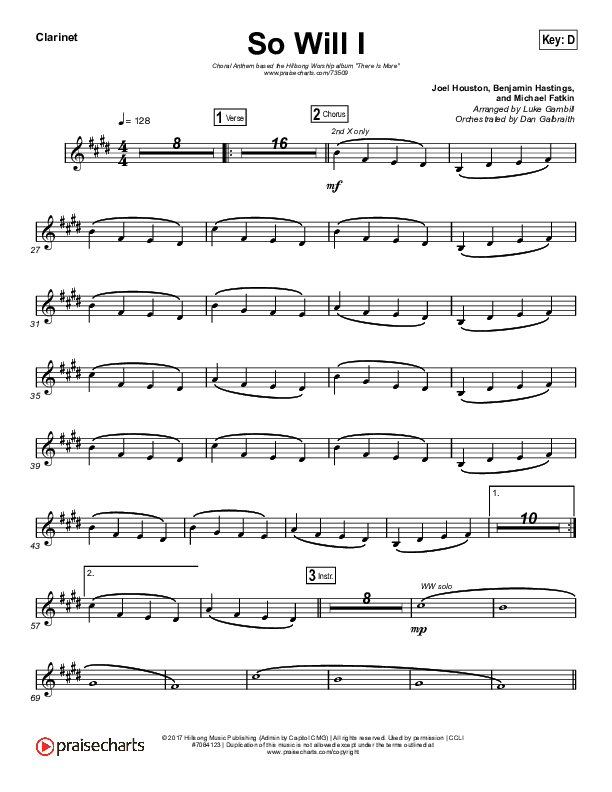 So Will I (100 Billion X) (Choral Anthem SATB) Clarinet (Hillsong Worship / Arr. Luke Gambill)